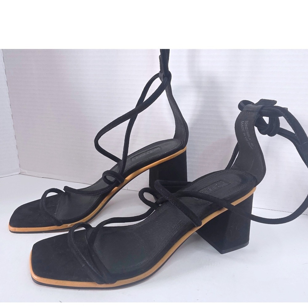Topshop Nashville Black Suede Wrap Block Heel Sandals Square Toe 40 US 9